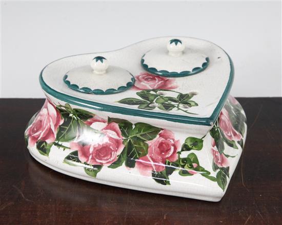 A Wemyss cabbage rose pattern heart shaped ink stand, early 20th century, length 18cm